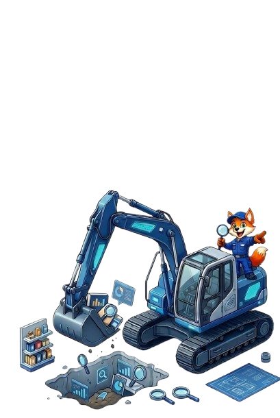 Mascote Hunters em uma escavadeira construindo o novo site